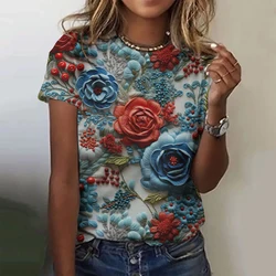 Floral Print Women's T-Shirt Short-Sleeved Casual O-Neck T-Shirt Summer Women's T-Shirt Oversized 2024 Fashion Female Clothing