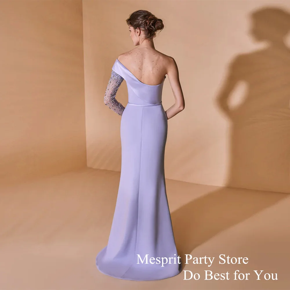 Lilac Prom Dress One Shoulder Long Sleeve Beading Stone Slit Sweep Train Robe De Soiree Mermaid Evening Dresses Dubai Party Gown