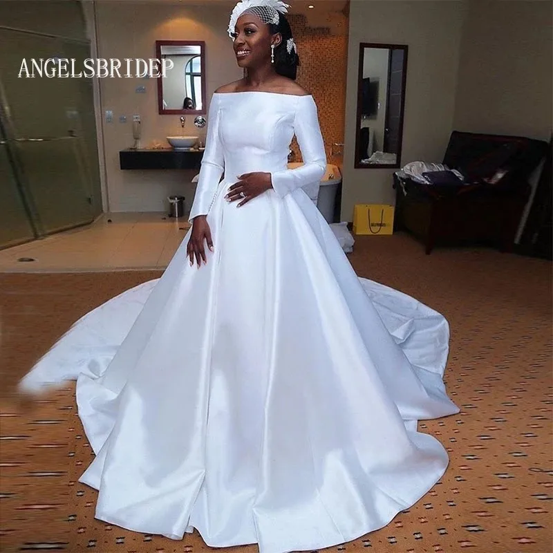 

ANGELSBRIDEP Elegant African Long Sleeves Satin Boat Neck Ball Gown Wedding Dresses Bridal Dresses Robes De Mariée
