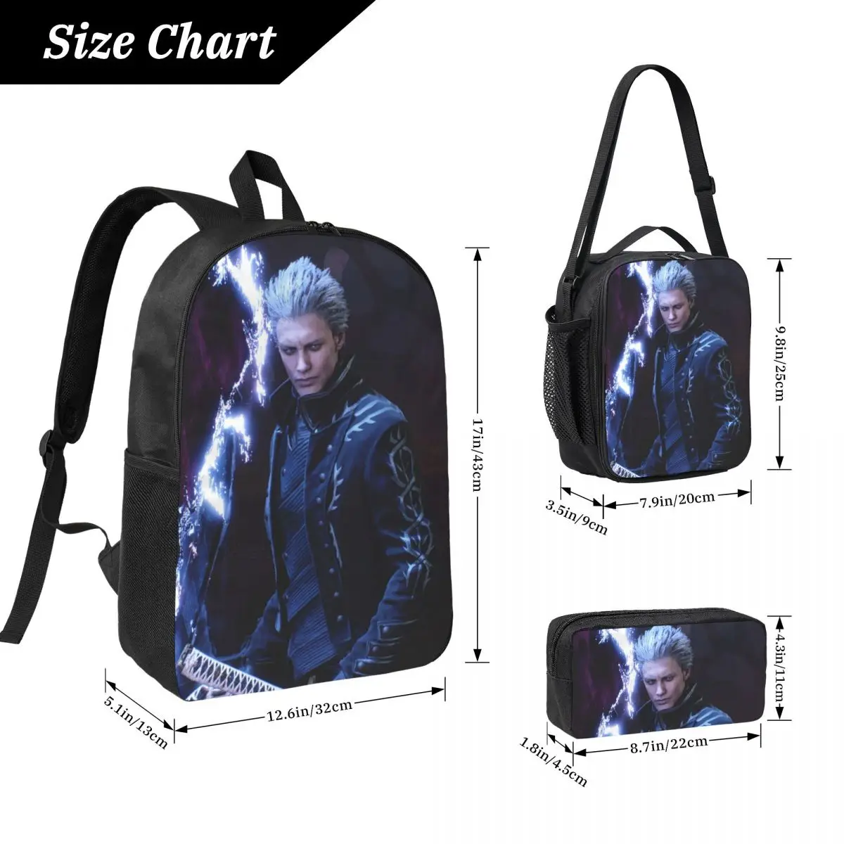 Vergil From The Devil May Cry Series Backpack BookBag School Bag Computer Shoulder Bags 3ps Insulated Lunch Bag Pencil Case