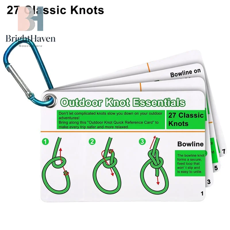 Carte guide pour nœuds de pêche, 7 pièces/1 ensemble, contenant 12 des nœuds de pêche les plus pratiques, avec boucle de rangement, carte en PVC durable B.H.