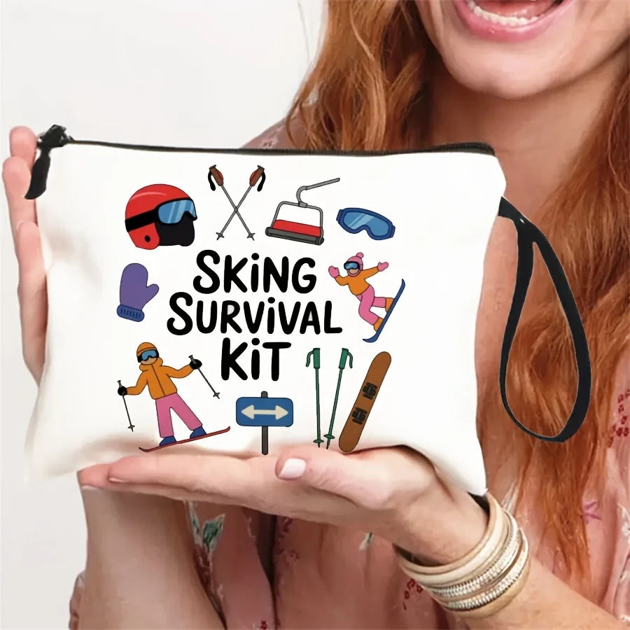 Ski-Themed Makeup & Toiletry Organizer Bag With Wristband Compatible For - Lightweight Zippered Cosmetic Case Foldable Travel O