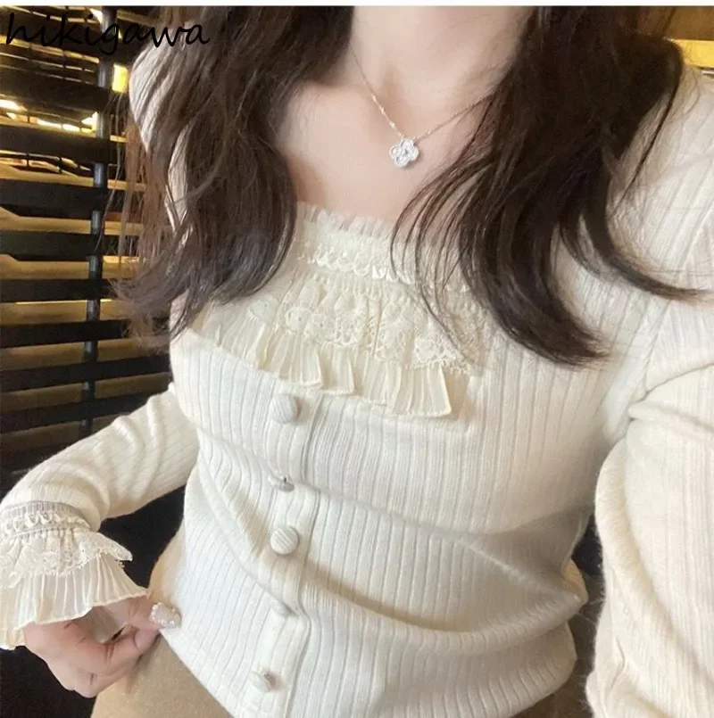 Fashion Sueter Mujer Sweet Korean Pullovers Women Tunic Flare Sleeve Single Breasted Jumper Patchwork Lace Knit Cropped Sweater