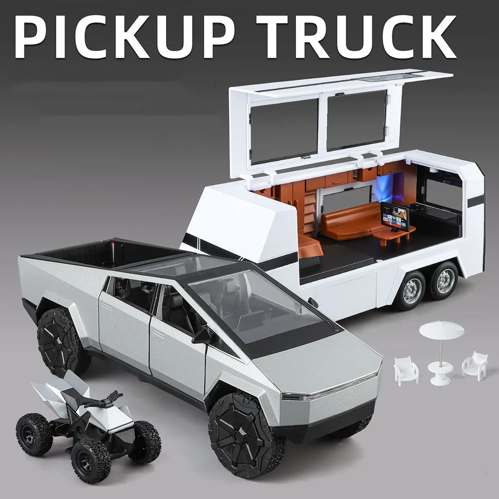 1:24 Pickup Truck Model Speelgoedauto's Legering Diecast Miniatuur RV Deuren Geopend Trek Geluid Licht Camping Voertuig Speelgoed voor Kinderen
