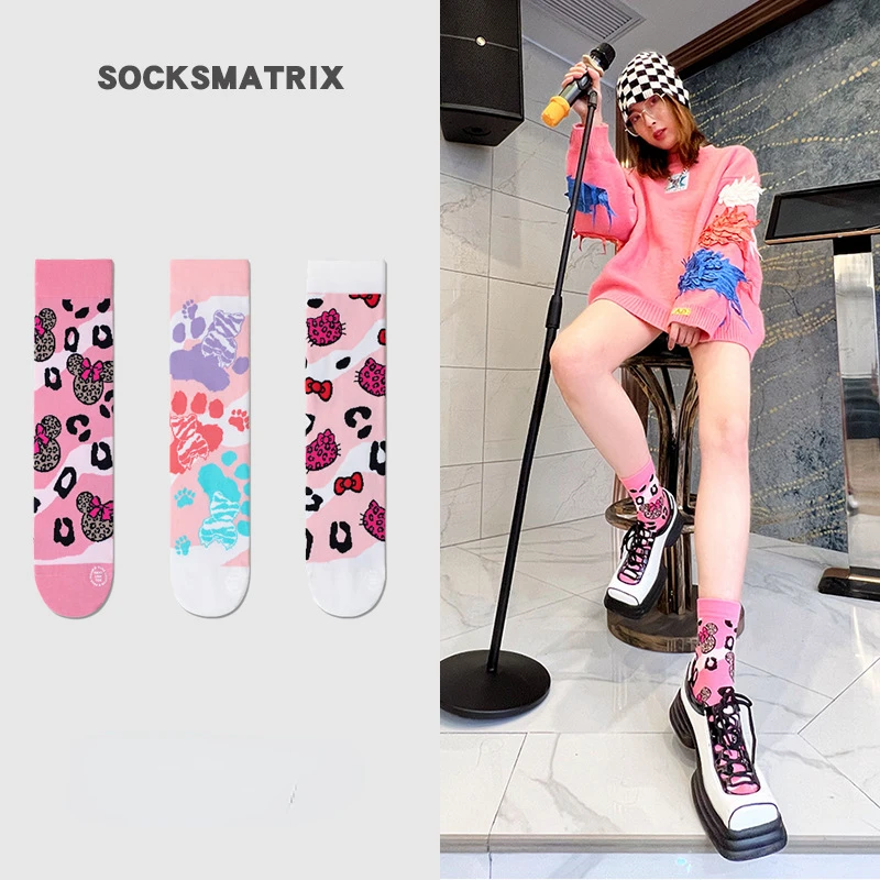 3 pairs of high-quality women's sports mid tube socks, vintage ins printed trendy socks, breathable casual cotton socks