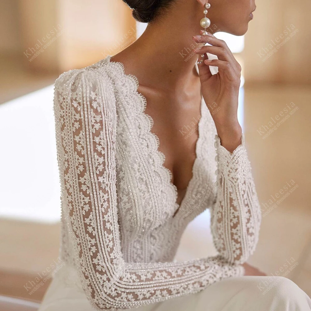 Bohemia Wedding Dresses Satin Bridal Gowns Full Sleeves Robes Deep V Neck Sweep Train Elegant Vestidos De Novia Customized 2025