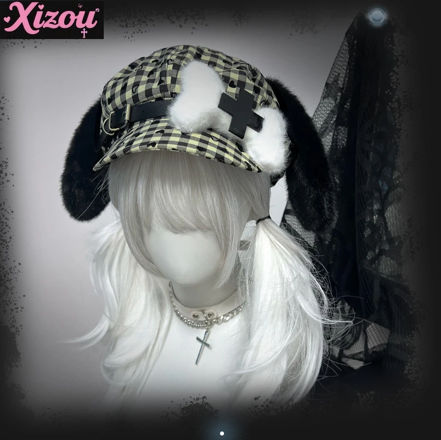 

Japanese original sub-cartoon culture y2k puppy bone female hats cute house hat two-dimensional plaid beret personality girl