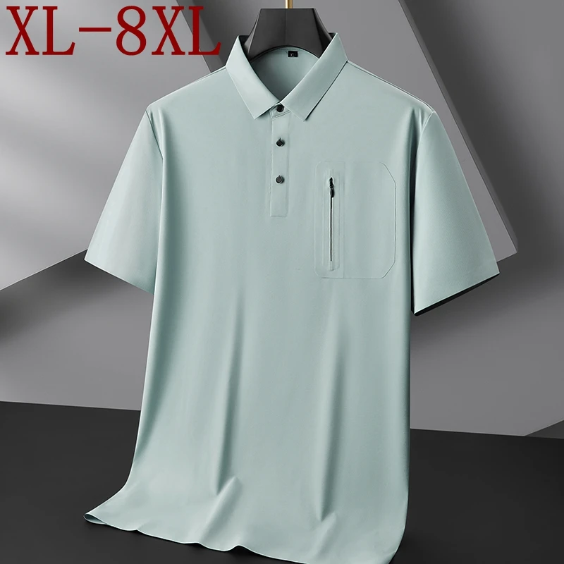 8XL 7XL 6XL 2025 nuevo verano de gama alta de seda de hielo transpirable Polo camisa hombre Tops camisas de lujo para hombre con cremallera bolsillo solapa camiseta