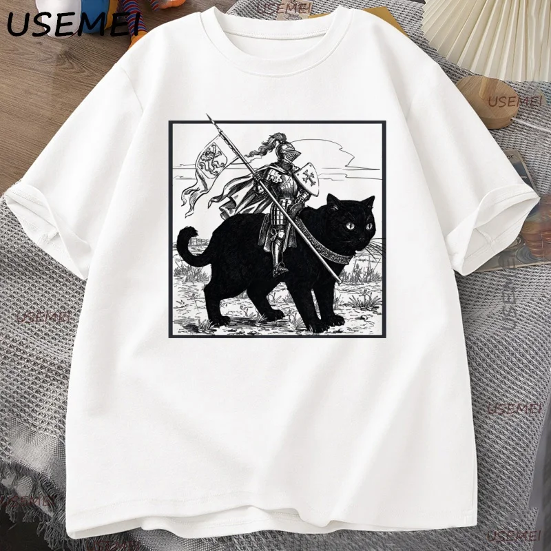 Funny Knight Cat 그래픽 T 셔츠 빈티지 남성 코튼 검은 고양이 티셔츠 크루 넥 느슨한 반팔 Tshirt Loose Pritned Tees