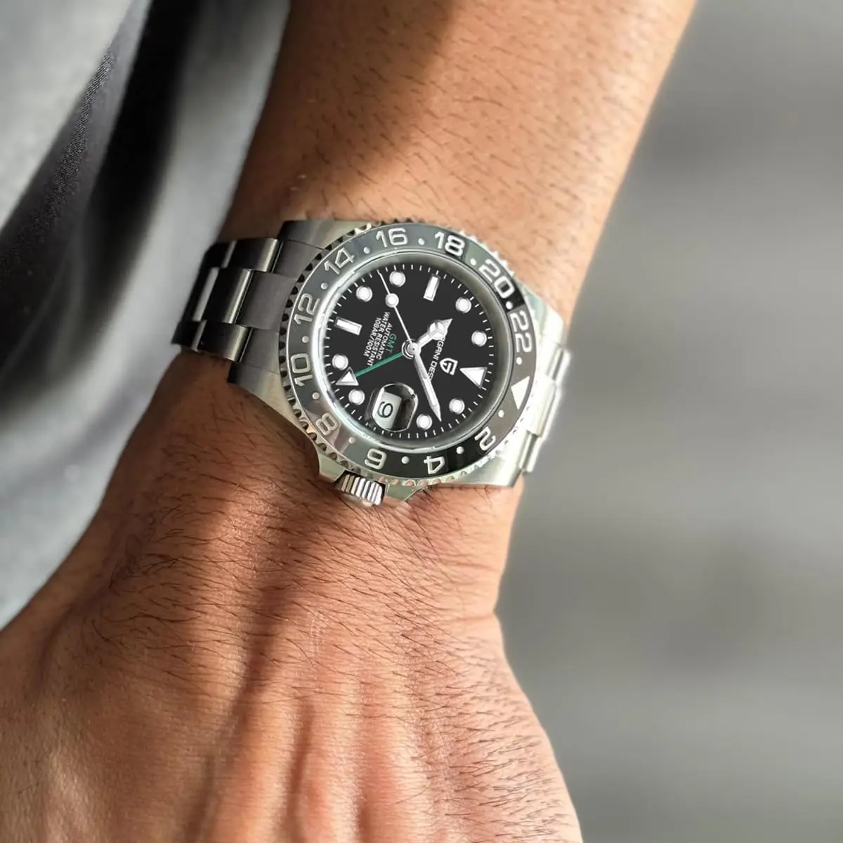 GMT Automatic Mechanical Men's Watch with Rotating Ceramic Bezel, Stainless Steel, Date Function