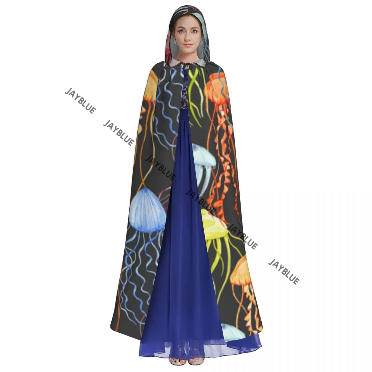 Long Cape Cloak Colorful Jellyfish Pattern Hooded Cloak Coat Autumn Hoodies