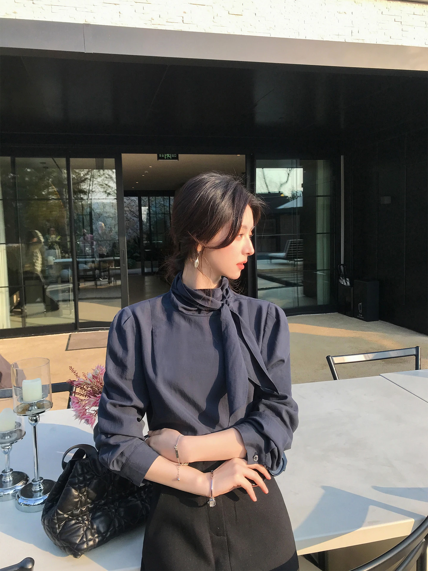 

Slimming Loose Women's irt Early Spring New Sle Air Steward Collar High nce Sense k Blue Casual Faion