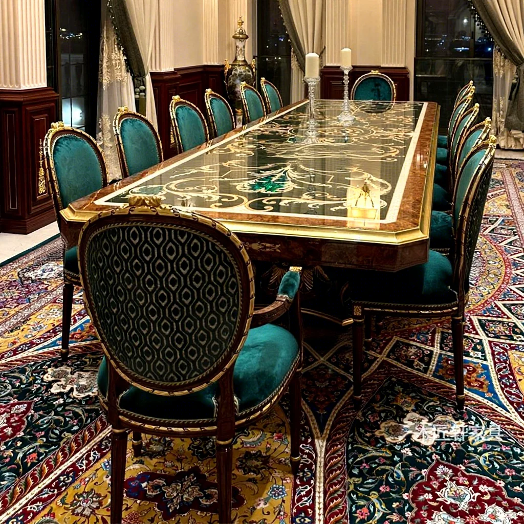 

#Vintage Oak Rectangle Extended Long Dining Table Shell Inlay Chairs for Hotel/Club Villa Large Apartment (10+) Home Furniture
