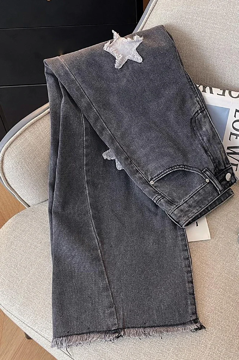 Vintage bintang bordir bunga longgar Jeans 2000s dicetak pinggang tinggi lurus celana kaki lebar Y2K Streetwear pakaian wanita