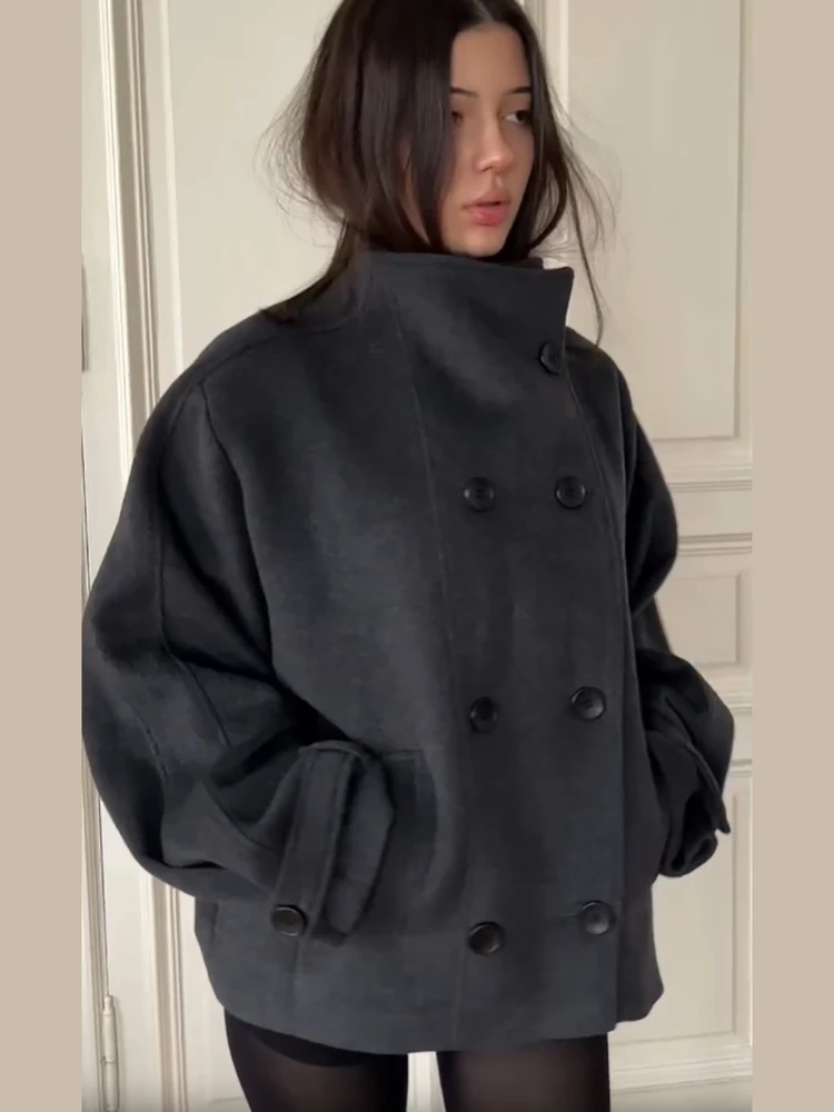 2026 Modischer Grauer Kunstwollmantel für Damen, Minimalistischer Stehkragen, Doppelreihige Lose Jacke, Frühling/Herbst, Einfarbige Damen-Oberbekleidung, Neu – Detail 11