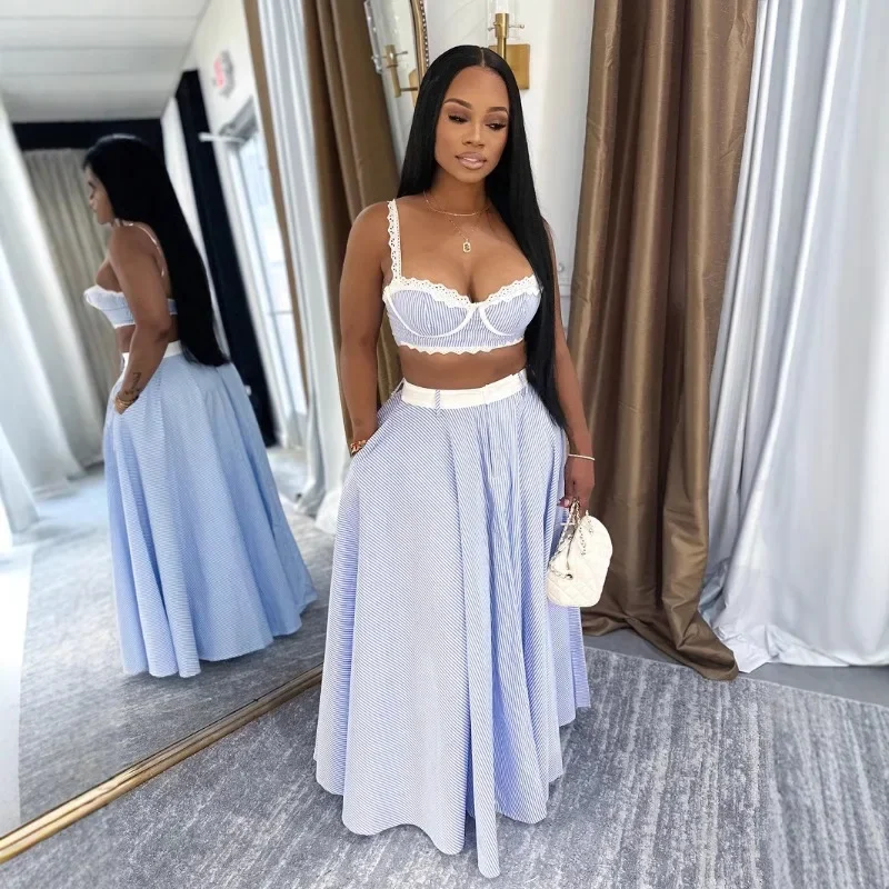 

Women Summer Lace Patchwork Striped 2 Piece Set Sexy Camisole Crop Tops + A-line Maxi Skirts Casual Streetwear Suits Party