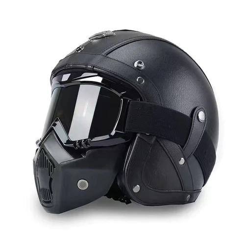 Imagen 2 del producto Casco de motocicleta Vintage para hombre, cascos de cuero para patinete de crucero de cuatro estaciones, medio casco para bicicleta eléctrica con máscara genial DOT
