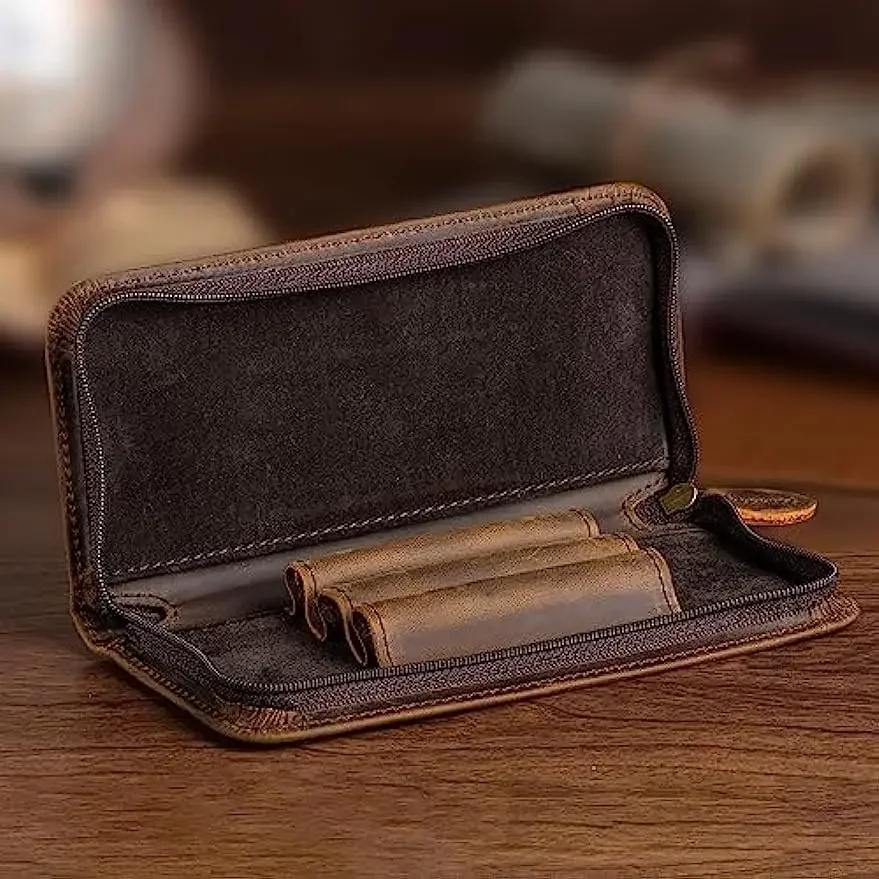 Imagem -03 - Asvine Vintage Real Leather Fountain Pen Case Bolsa com Zíper Suporte de Exibição Artesanal para Rollerball Pen Slots Divididos