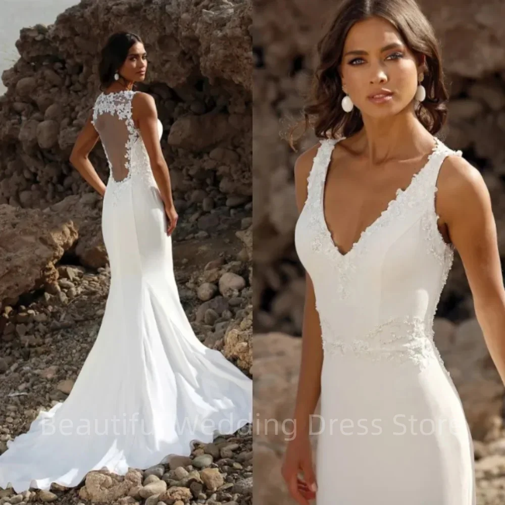 Elegante V-Ausschnitt Meerjungfrau Brautkleid ärmellose Applikationen Satin Illusion zurück fegen Zug Brautkleid Vestidos de Novia