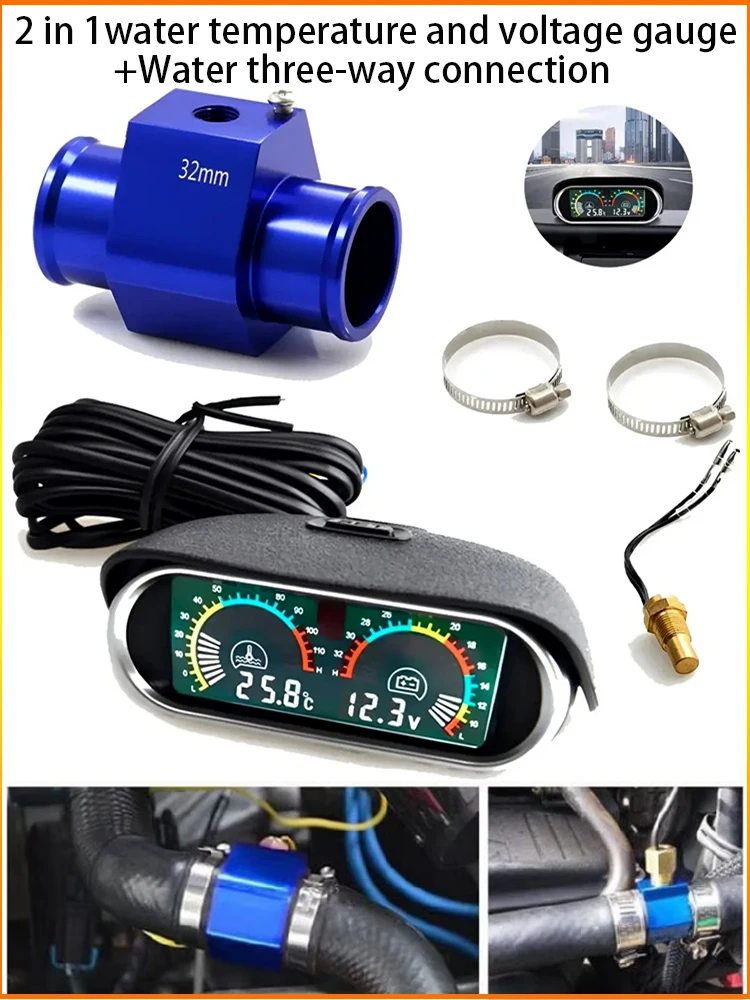 Wskaźnik temperatury wody i napięcia 2w1 LCD do samochodu/ciężarówki z czujnikiem 1/8NPT, trójdrożne złącze wodne, 12V/24V — 2