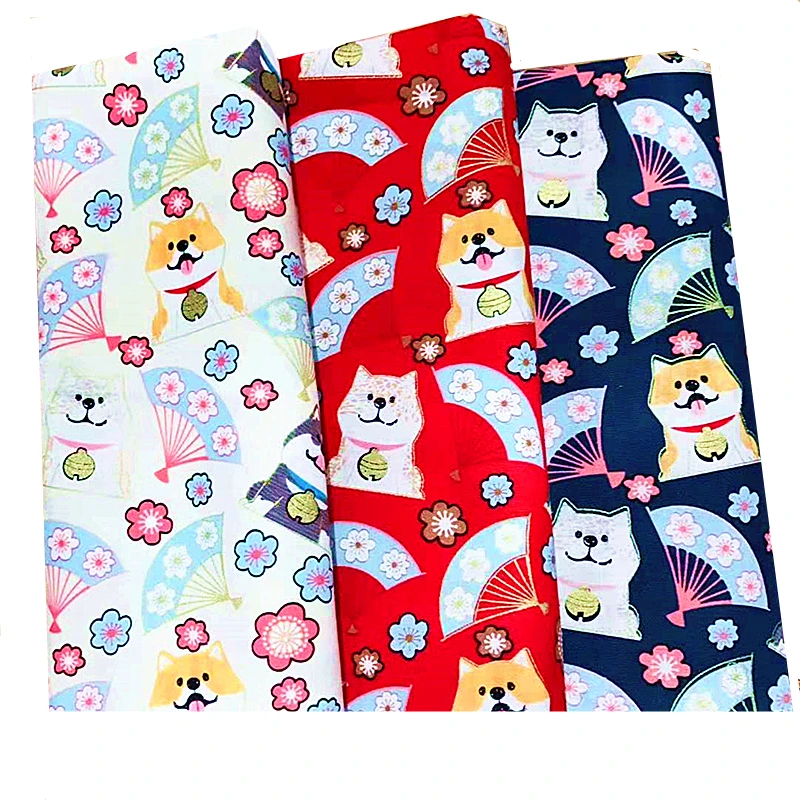 100% Cotton Printed Shiba Inu Fabric Japanese Style Bronzed Plain Weave Cloth For Sewing Kimono Bags Handmade DIY 145*50cm