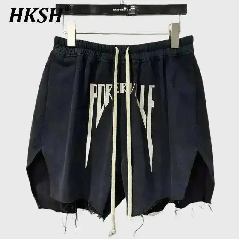 

HKSH 2026 Spring Autumn New Men Tide Dark High Embroidered Letter Shorts Double Fit Hairy Edge Chic Fashion Cotton Capris HK3852