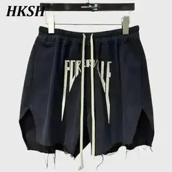 HKSH 2026 Spring Autumn New Men Tide Dark High Embroidered Letter Shorts Double Fit Hairy Edge Chic Fashion Cotton Capris HK3852
