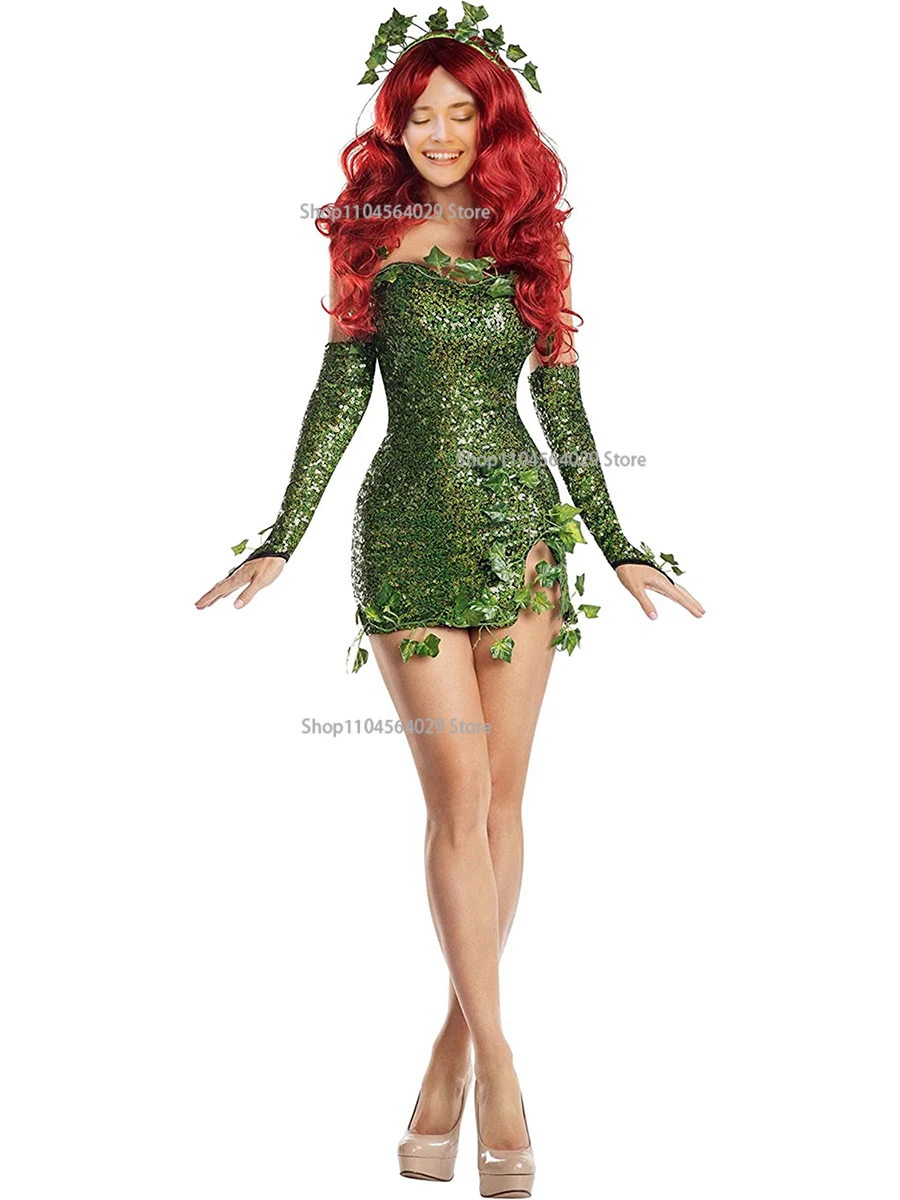 

Deluxe Green Ivy Costume for Women Sleeveless Fake Leaves Sequin Dress with Gloves Set