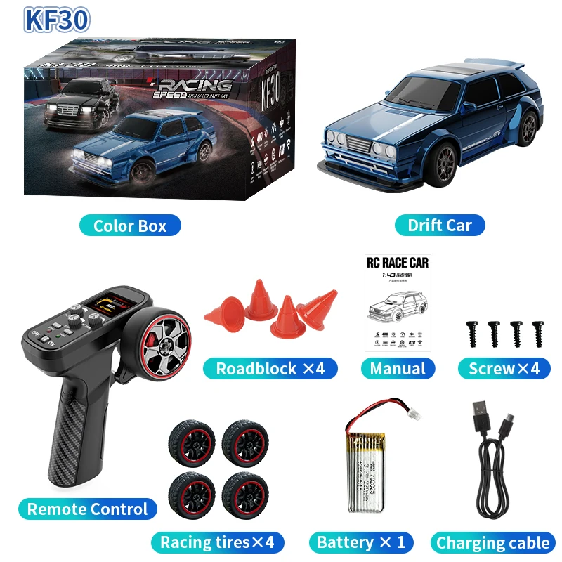 KF30 1:43 4WD RC auto met gyroscoop en dubbel motorsysteem 2.4G volledig proportionele RC hoge snelheid racewagen LED-verlichting speelgoed geschenken