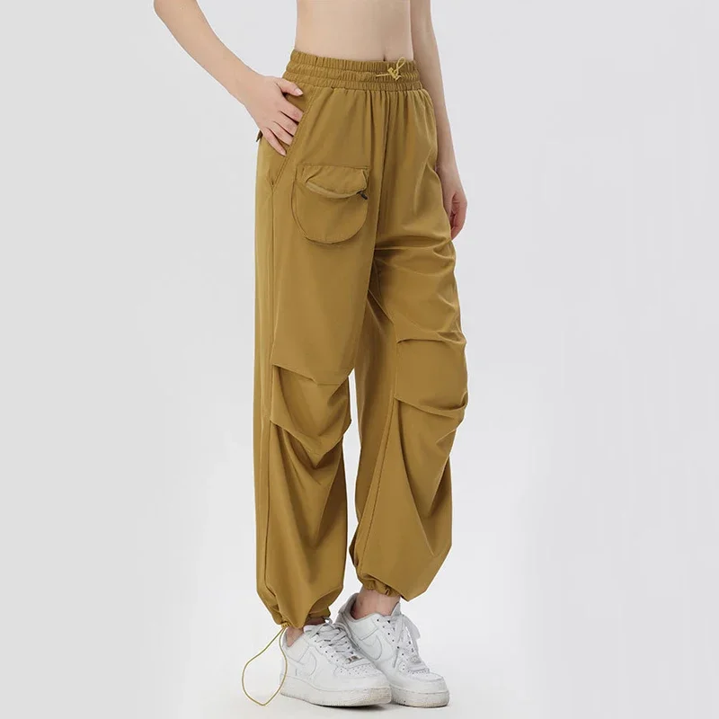 Women Loose Sweatpants Solid Color Loose Wide Leg Yoga Pants Breathable Quick Dry Pocket Jogging Pants Sports Casual Trousers
