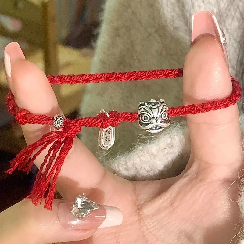 1PC Handmade Lucky Couple Bracelets Red String With Golden Beads Chinese Zodiac Year Charm Accessories