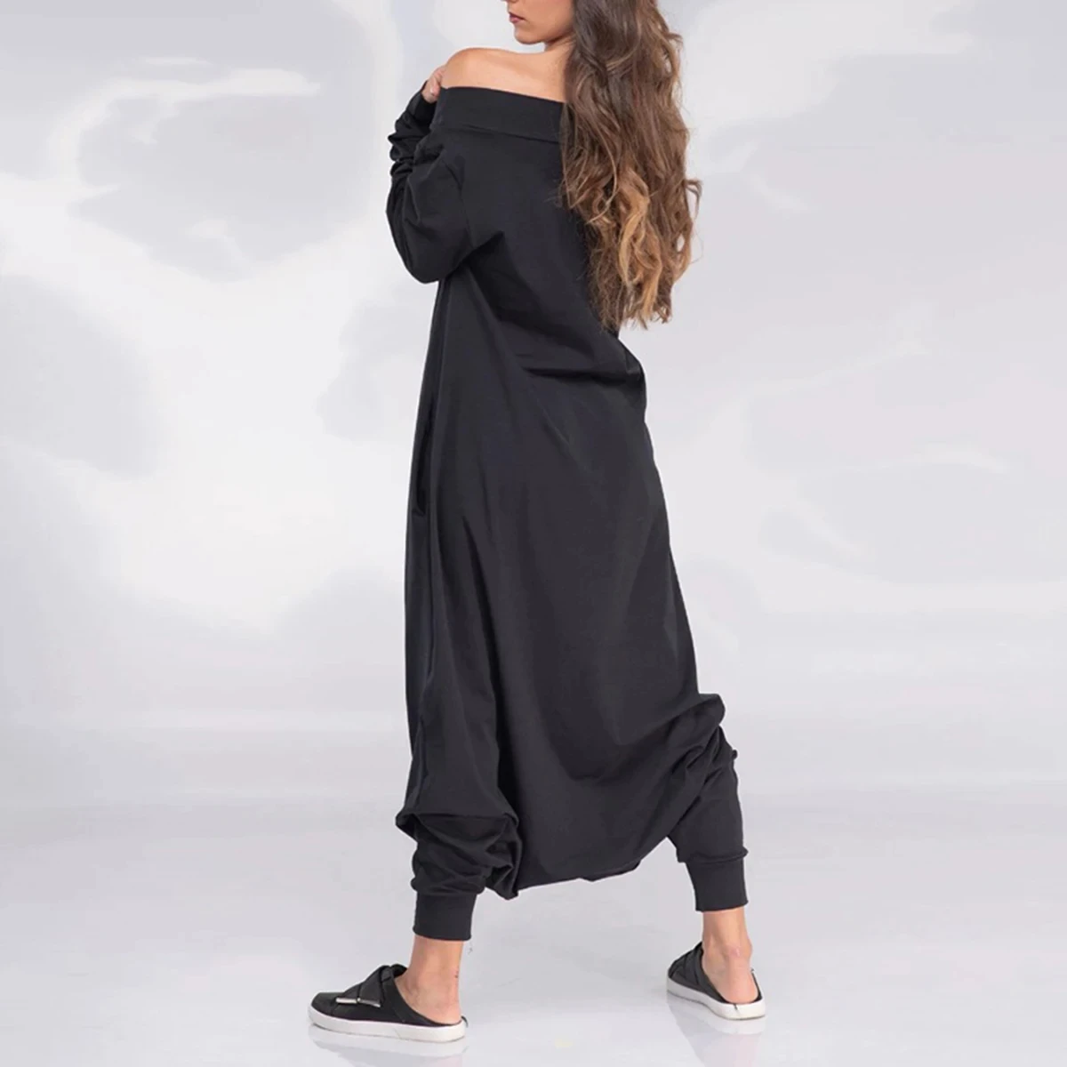 Uslemon Fashion Female Simple Black Casual Loose Solid Color Long Sleeves Pockets Off-The-Shoulder Jumpsuits For Women