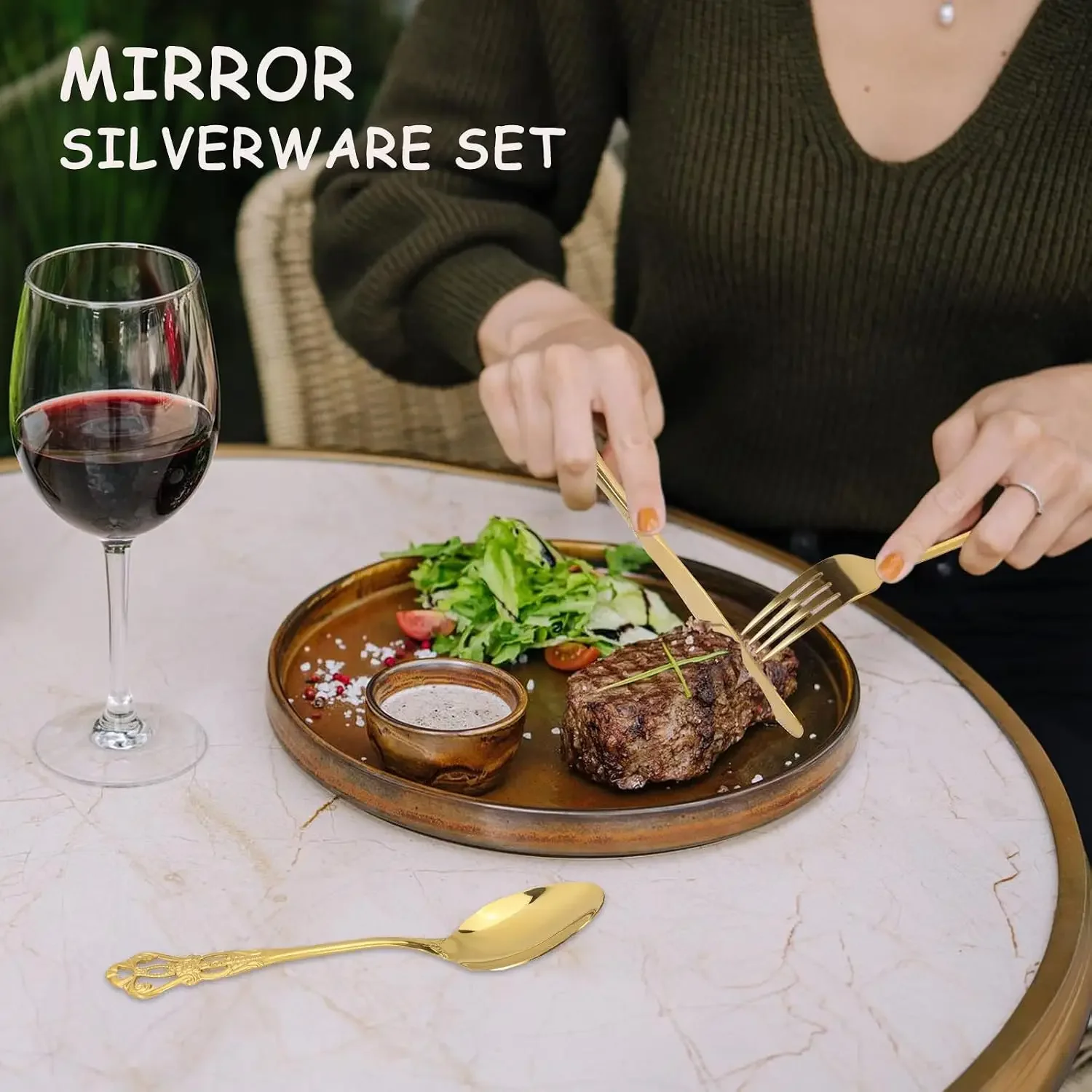 40-Piece Gold Silverware Set for 8, Stainless Steel Retro Flatware, Mirror Finish, Dishwasher Safe view 3