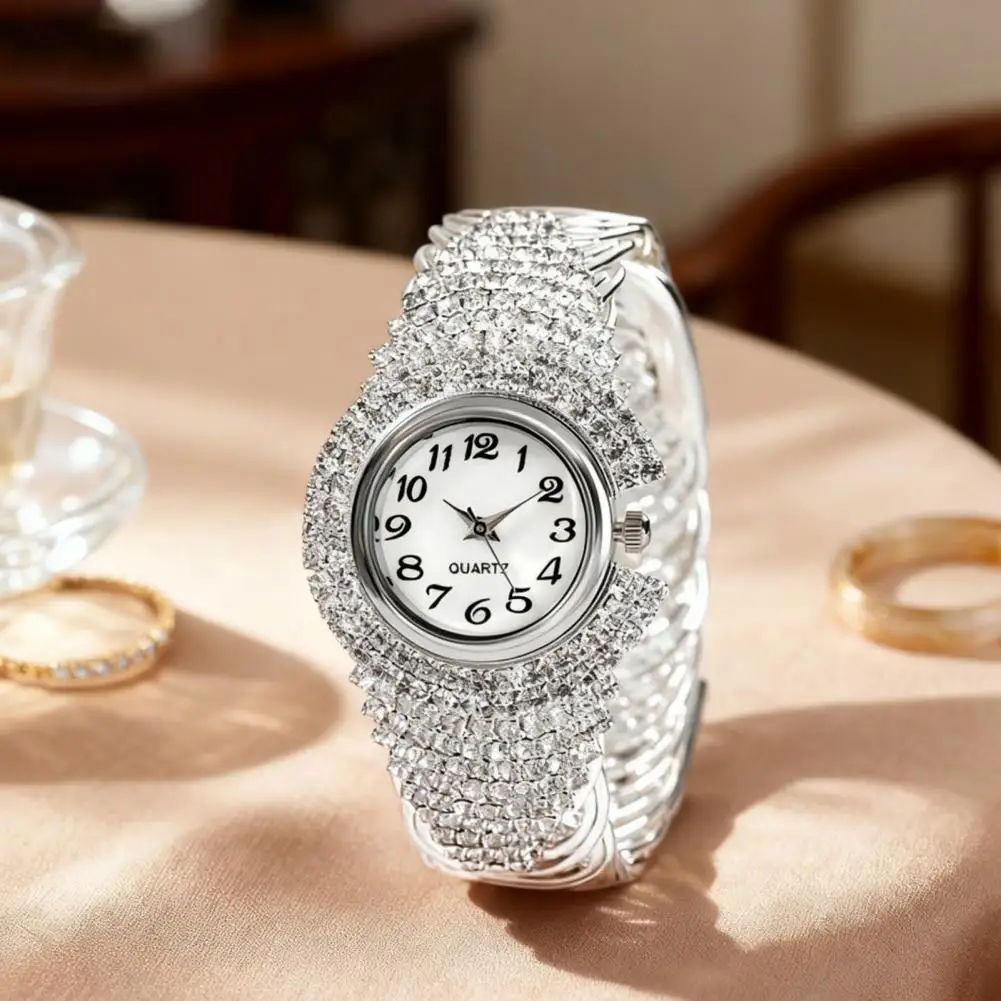 

Часы с ремешком из сплава, часы с круглым циферблатом, элегантные женские кварцевые часы со стразами и ремешком из сплава для ношения вечеринок, офисов для женщин