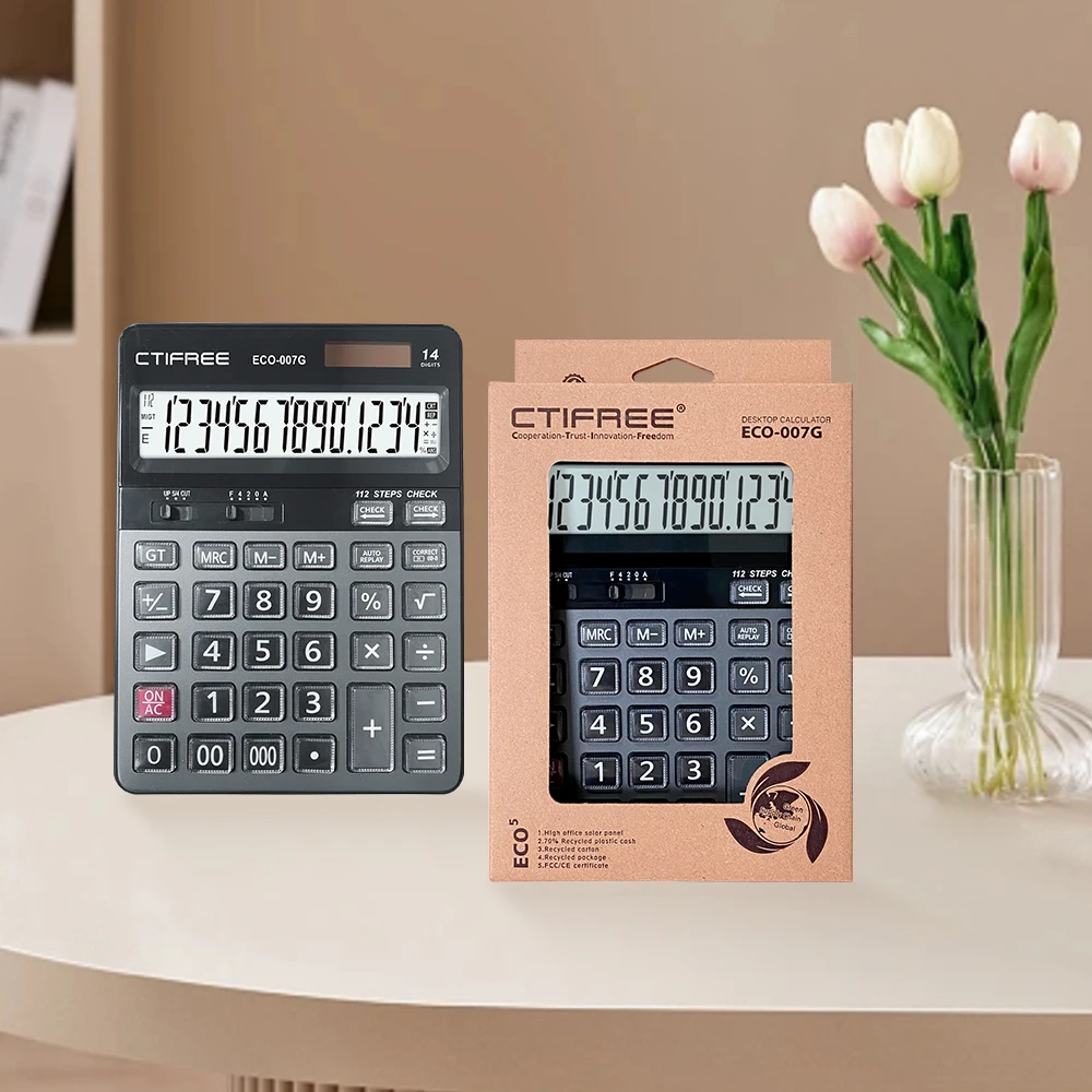 Calculadora de 14 Dígitos con Pantalla LCD Grande y Energía Solar, Botones Grandes, 112 Pasos, Función de Verificación y Corrección, Adecuada para Oficina