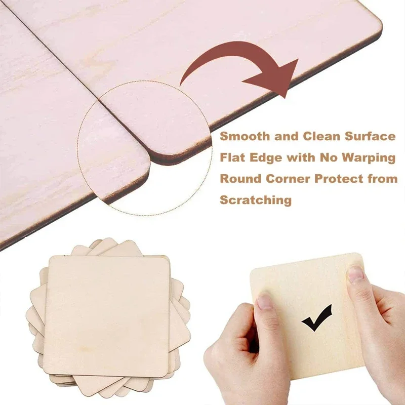 100pcs 4cm Unfinished Wood Square Slices, Unfinished Wood Pieces Blank Square Piece Cutouts for DIY Craft Painting Staining