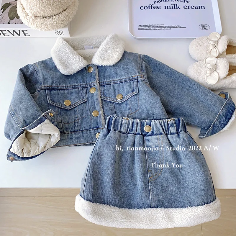 Korean Winter Suit For Girls Sets Thickened Warm Jacket+Denim Skirt Autumn Two Piece Set Girls Top And Bottom Clothes Set