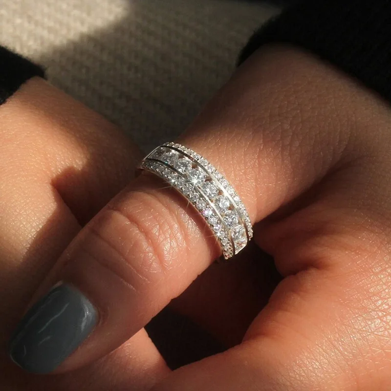 Eternity Full Round Lab Diamond Moissanite Ring White Gold Engagement Wedding Band Rings for Women Men Jewelry Gift