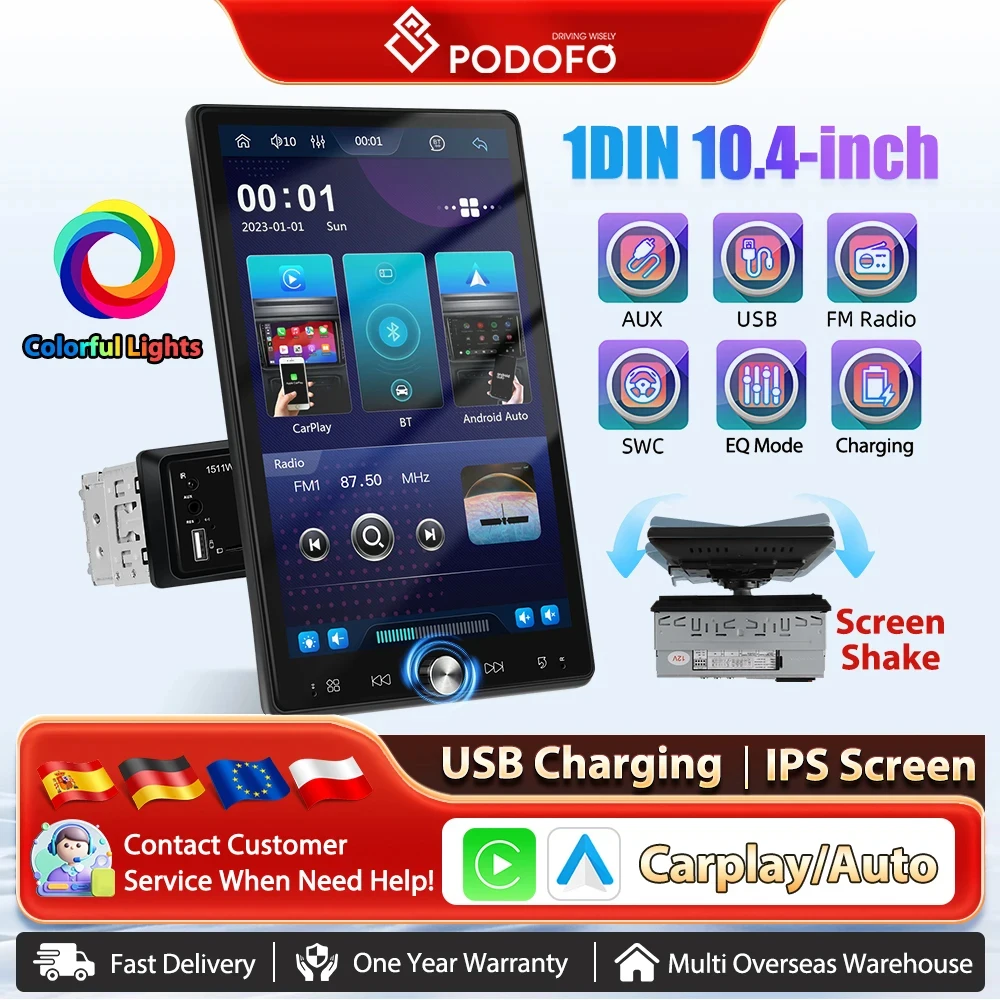 Podofo 10,4'' Vertikaler Bildschirm Multimedia Player Drahtlose Carplay Android Auto FM/RDS BT Mirror Link MP5 Auto Stereo