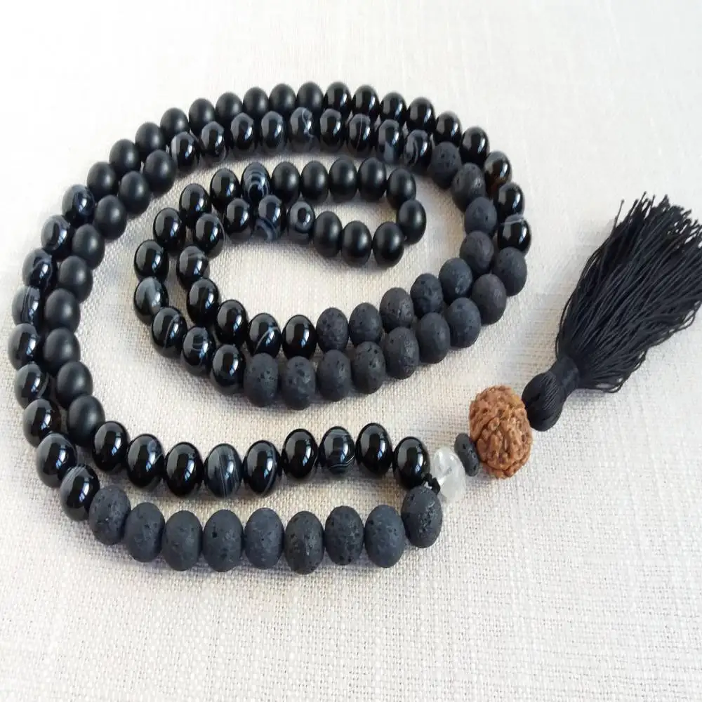 Natural Black Onyx & Lava Rock 108 Beads Mala Necklace with Rudraksha & Black Tassel Spiritual Meditation Jewelry