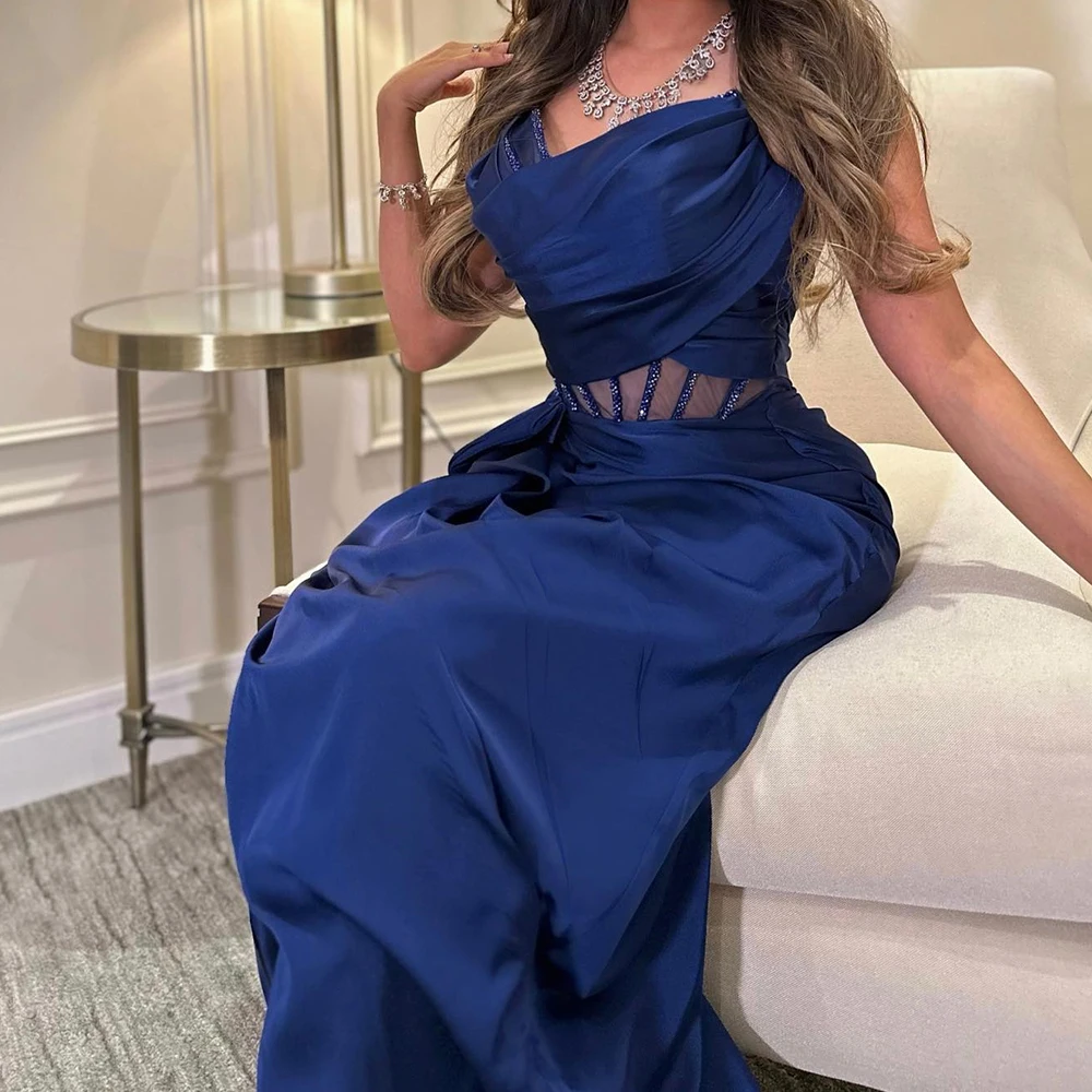 Customized Delicate Straight Floor Length Strapless Jersey Sleeveless Crystal Pleats Evening Dress Elegant vestidos para mujer