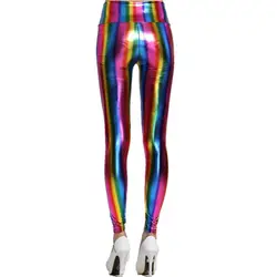 Womens Hologram Metallic Rainbow Leggings Glitter Tights Stripes Printed Hi