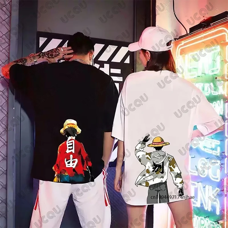 

2026 Новая японская цельная хлопковая футболка с принтом Луффи для пар для мужчин и женщин, летние повседневные футболки с короткими рукавами для косплея, топы большого размера