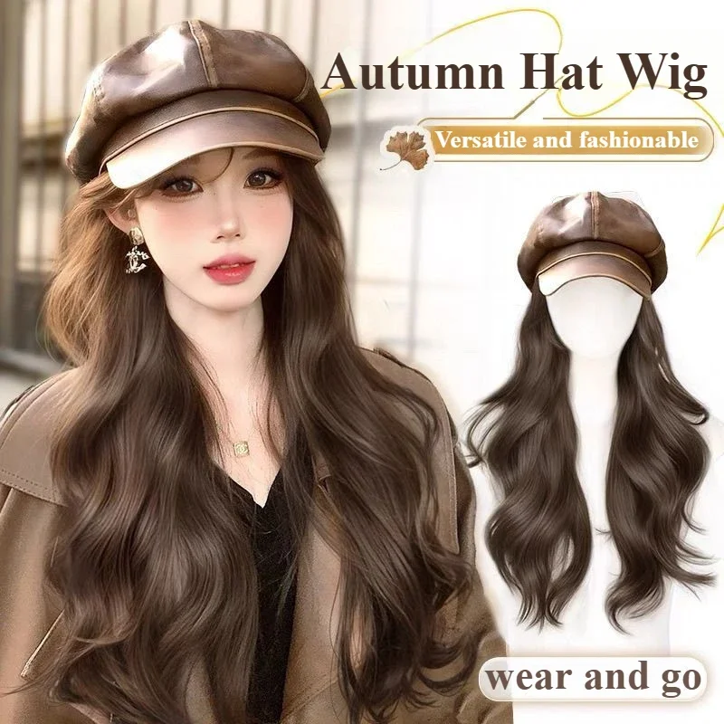 2024 New Hat Wigs Brown Layer Big Wave Autumn and Winter Wig Headband Set Female Natural Korean Pu Hat Daily Use