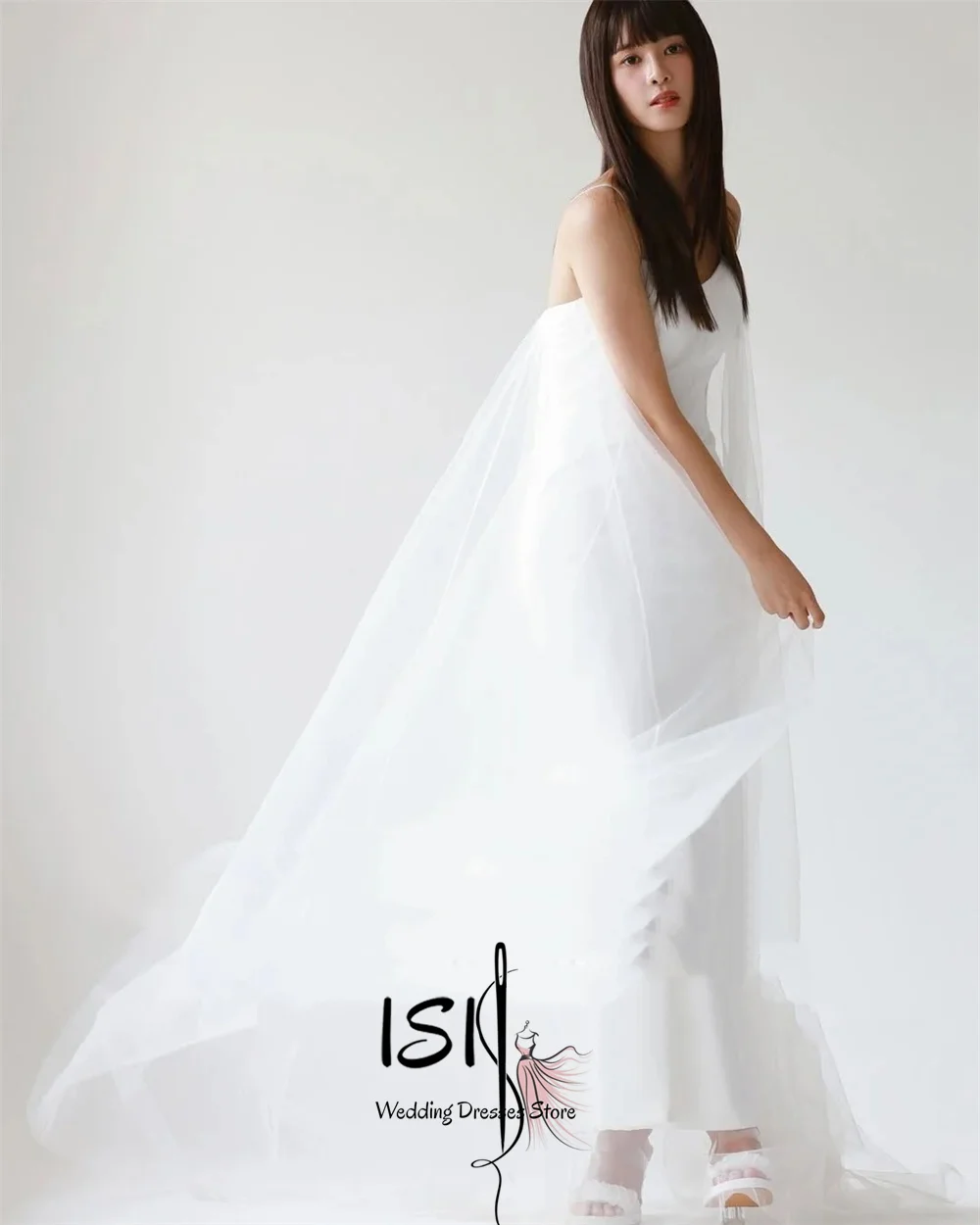 ISI Unique Spaghetti Strap A Line Women Wedding Dress Square Collar Korea Wedding Dress Photo Shoot Customized Vestidos De Novia