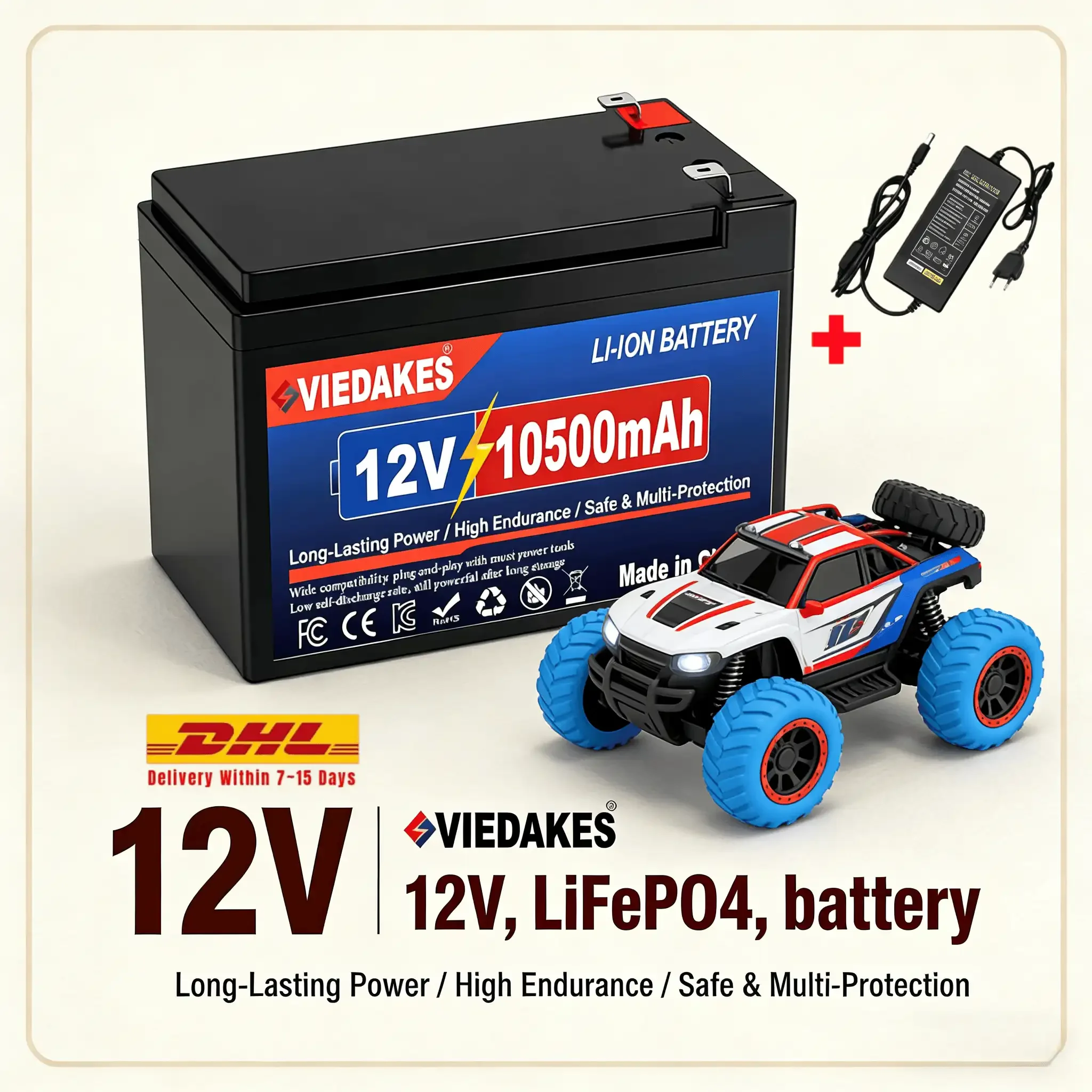 

VIEDAKES 12V LiFePO4 Battery 3S7P 10.5Ah 100% Real Capacity 리튬인산철 with Charger for Fish Finder Outdoor Lighting
