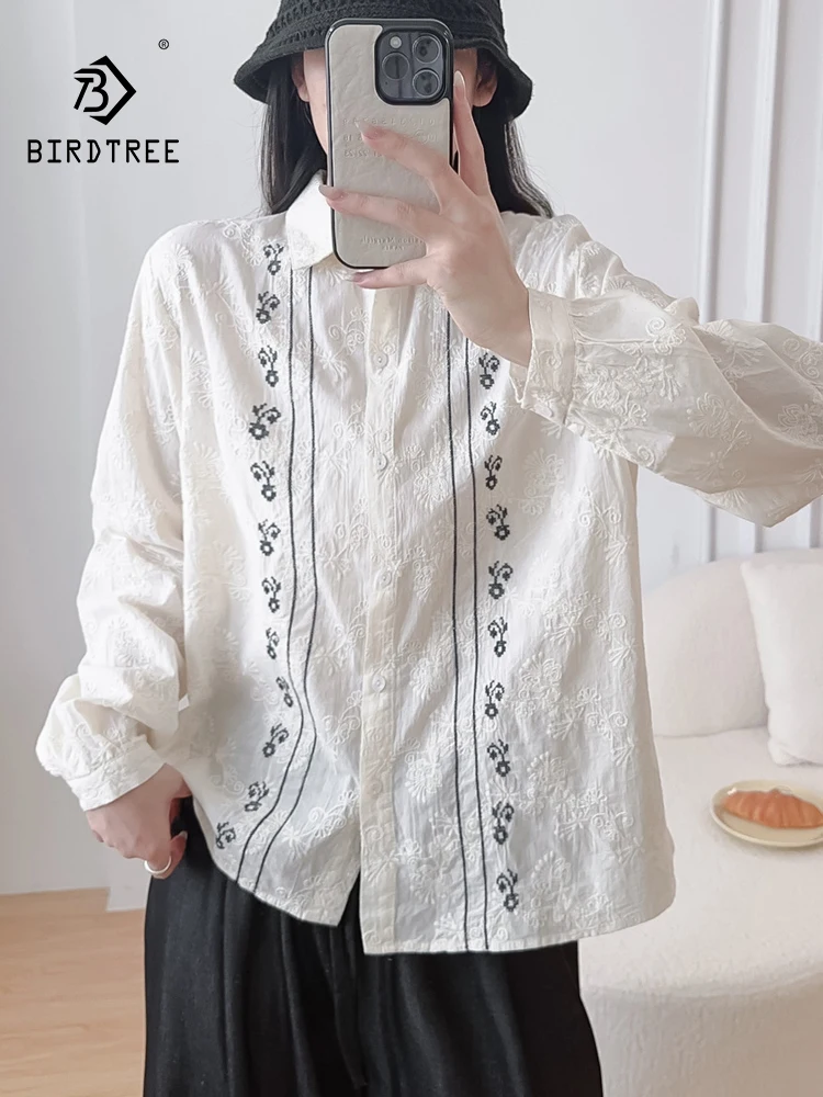 

Новинка 2025, осенняя хлопковая рубашка с длинным рукавом, женская рубашка с отложным воротником и вышивкой, свободная блузка в стиле ретро Mori Girl T59646CC