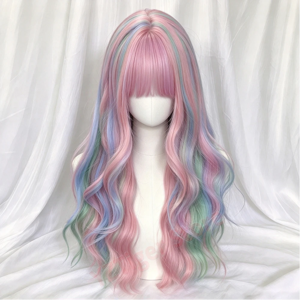 Pastel Rainbow Long Wavy Wig with Bangs for Women Natural Synthetic Hair Cosplay Pink Wigs for Halloween Party Lolita Daily Wear