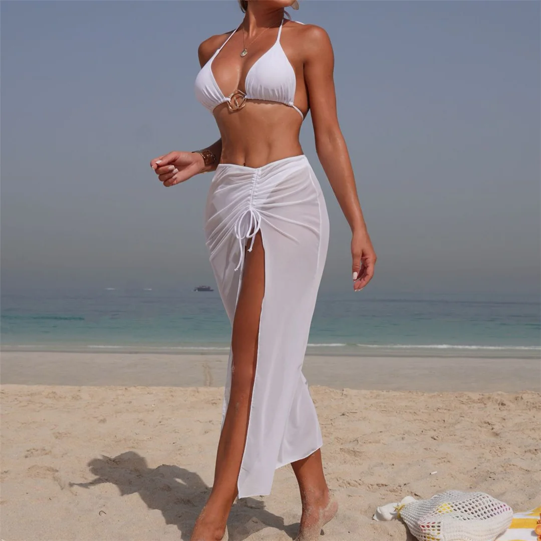 Mit Rock, Neckholder, Metallring, Bikini, Damen-Badeanzug, Damen-Bademode, dreiteiliges Bikini-Set, gepolsterter Badeanzug, Badebekleidung, Schwimmanzug V7812 – Detail 3