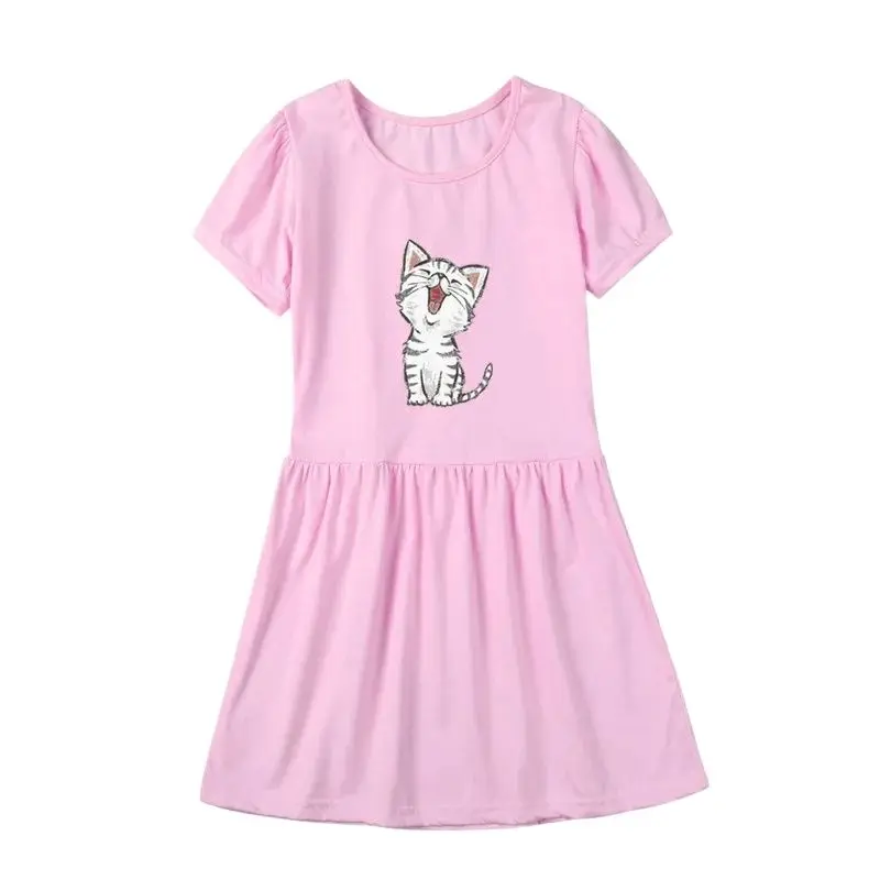 Baby Mädchen Kleid 2024 Neue Mädchen Elegante Rosa Kleid Nette Katze Drucke Kinder Kurzarm Baumwolle Kleider